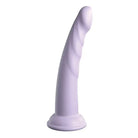 Dillio Platinum 7’ Slim Seven Silicone Dildo with curved shaft and flared base in pale lavender