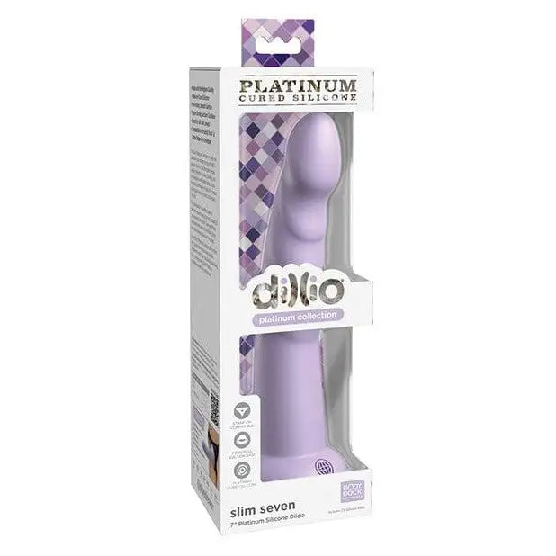 Lavender Dillio Platinum Slim Seven Silicone Dildo in retail packaging