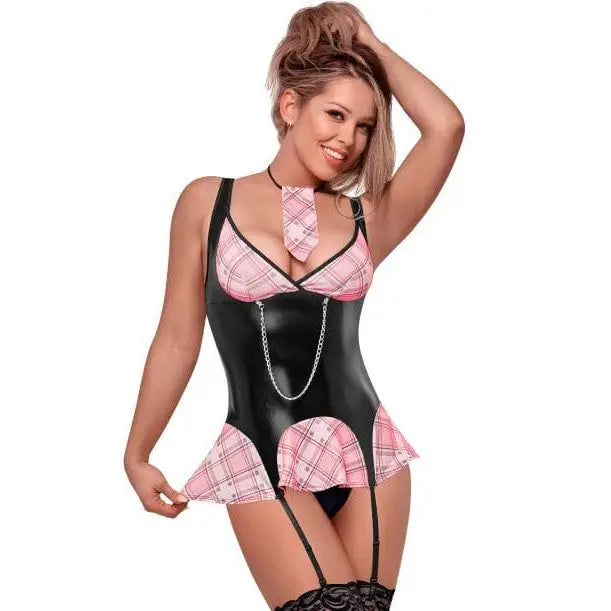 Provocative black latex with pink plaid lingerie, garter straps - Discipline Me School Plaid