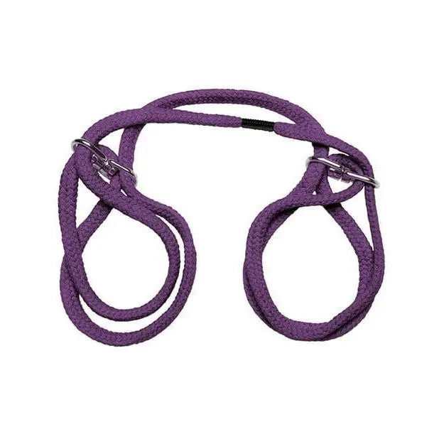 Purple leash with two loops and metal hook for Japanese style bondage wrist or ankle cuffs