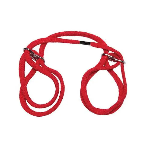 Red leash with two loops for Japanese style bondage wrist or ankle cotton rope cuffs