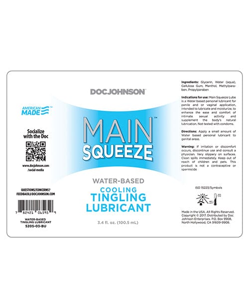 Doc Johnson Water Based Lubricant 3.4 oz. Main Squeeze Cooling/Tingling Water-Based Lubricant at the Haus of Shag
