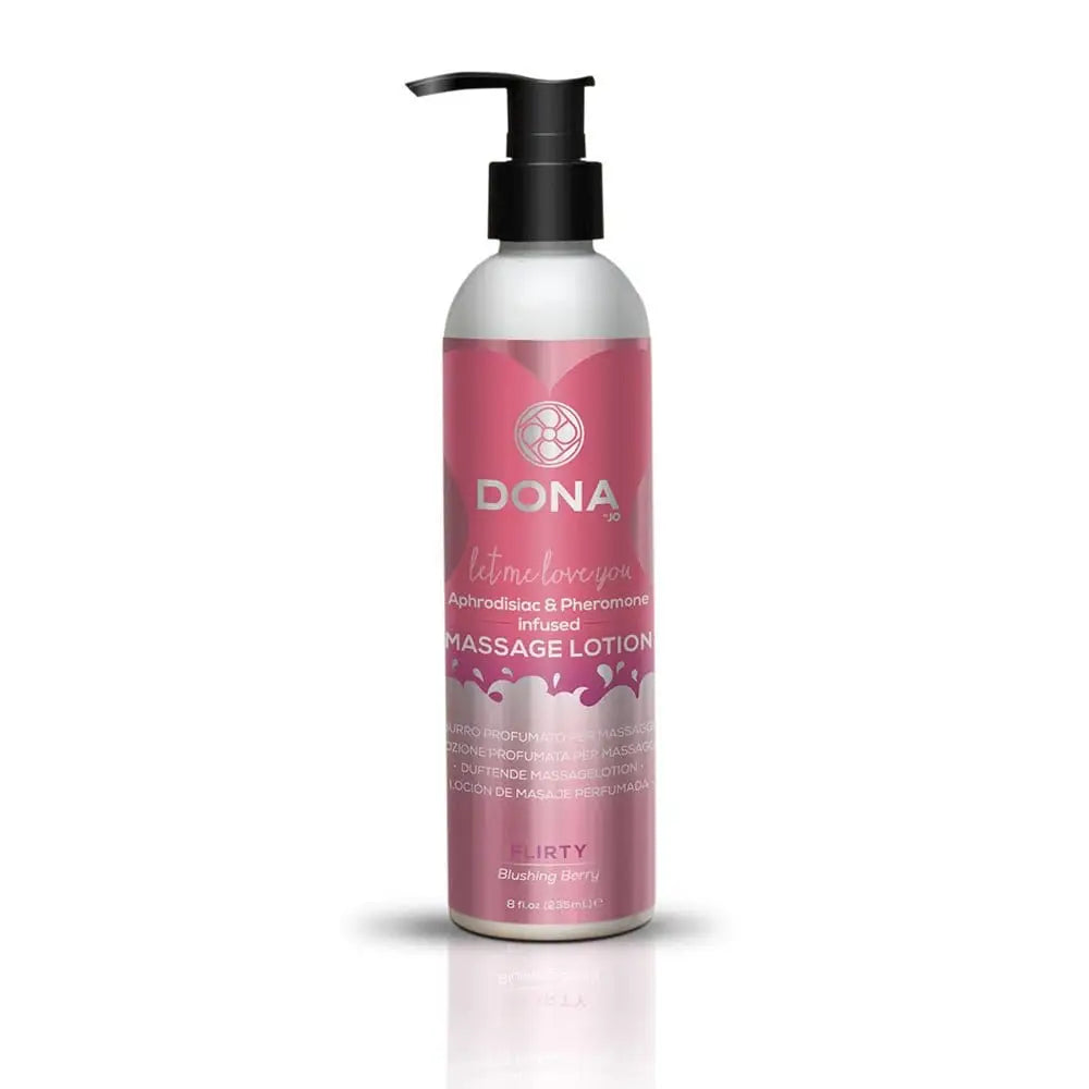 Bottle of DONA Massage Lotion Flirty Blushing Berry 8 fl oz with pink and white design