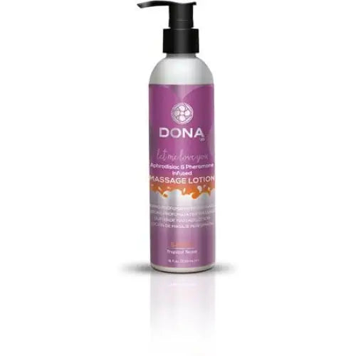 Bottle of Dona Massage Lotion Sassy Tropical Tease with pump dispenser, 235 ml