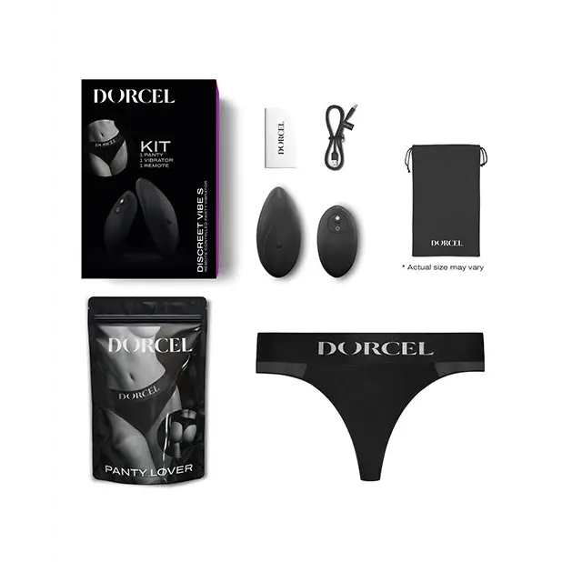 Close up of Dorcel Discreet Panty Vibe W/panty - Black with assorted items including a black bra