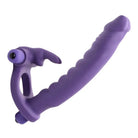 Double Delight Dual Penetration Vibrating Rabbit Cock Ring in purple silicone with curves and texture