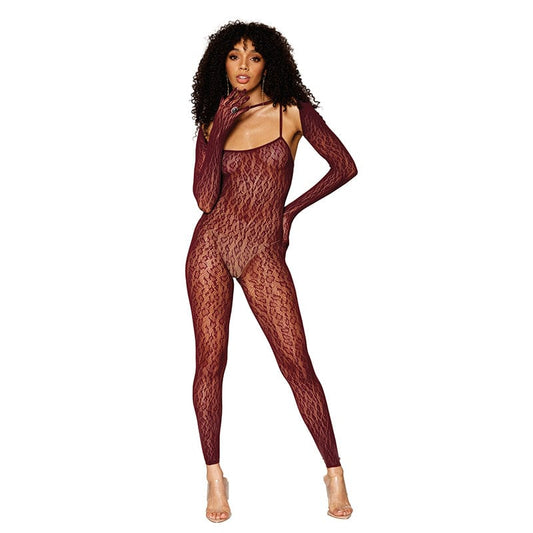 Dreamgirl Bodystocking Leopard Fishnet Catsuit Bodystocking Burgundy O/s at the Haus of Shag
