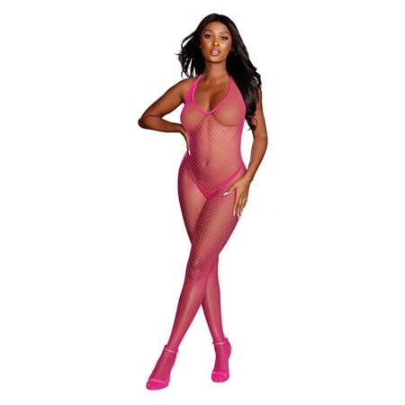 Dreamgirl Bodystocking One Size Fits Most / Pink Dreamgirl Diamond-Net Halter Bodystocking With Open Crotch at the Haus of Shag