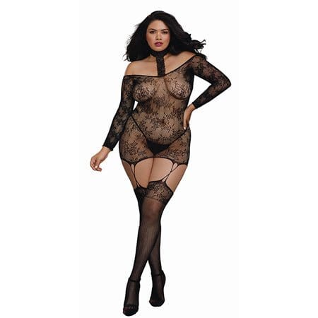 Dreamgirl Bodystocking One Size Fits Most (Queen) / Black Dreamgirl Lace Patterned Knit Garter Dress with Faux Lace-up and Attached Stockings at the Haus of Shag