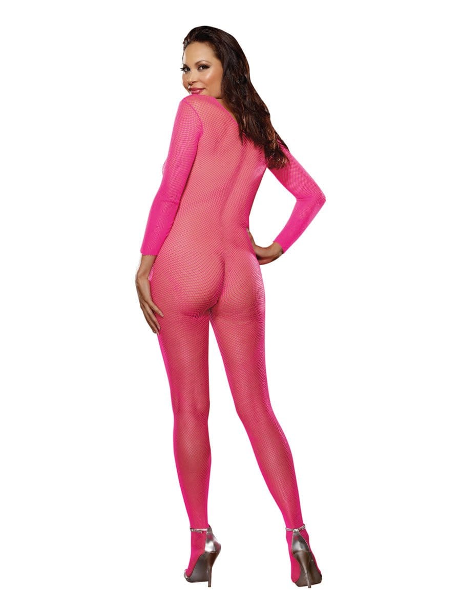 Dreamgirl Bodystocking One Size Fits Most (Queen) / Pink Dreamgirl Fishnet Long Sleeved Open Crotch Body Stocking at the Haus of Shag