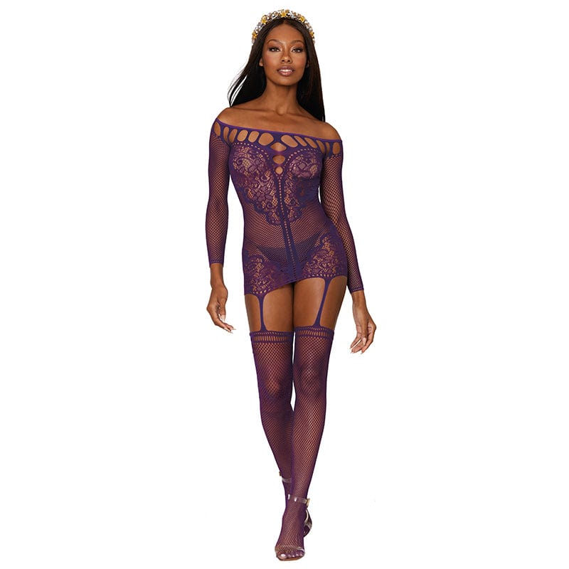 Dreamgirl Dress Scalloped Lace Garter Dress Aubergine O/s at the Haus of Shag