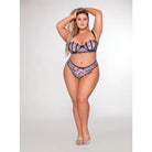 Plus-size woman in Dreamgirl Embroidery Bra & G-string posing with one hand raised