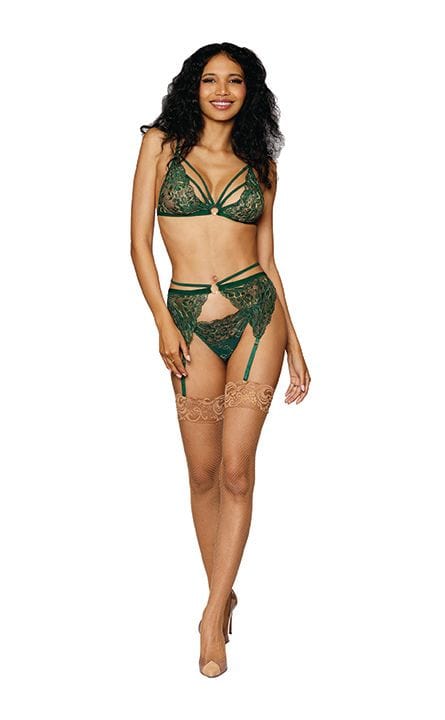 Dreamgirl Lingerie Set Metallic Stretch Lace 3pc Set Evergreen O/s at the Haus of Shag