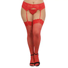 Red lingerie set with lace panties, garter belt, and Dreamgirl ’Seville’ fishnet thigh high