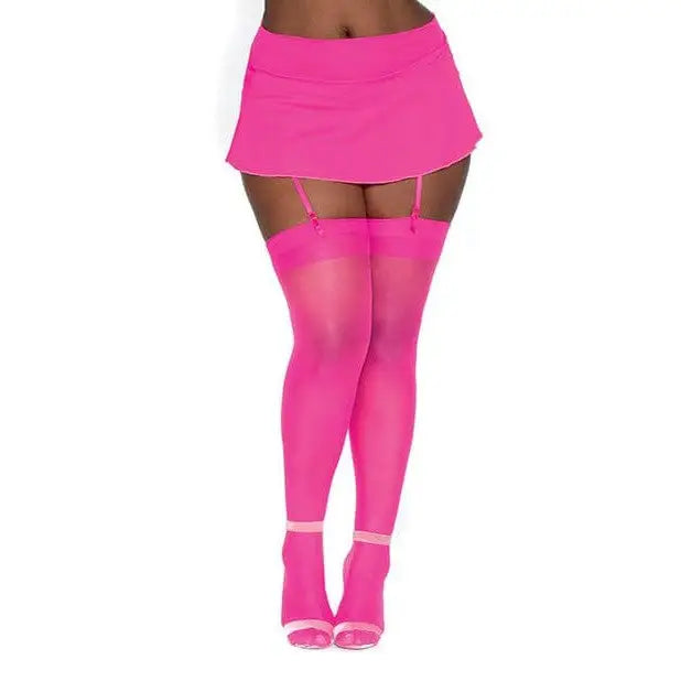 Dreamgirl sheer thigh highs with hot pink mini skirt and open-toe heels