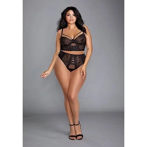 Dreamgirl Lingerie Set Large / Black Dreamgirl Stretch Mesh & Galloon Lace Bustier with Matching Lace Up Thong at the Haus of Shag