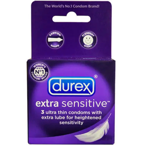 Box of Durex extra sensative lubricated condoms in purple packaging (3 Pack)