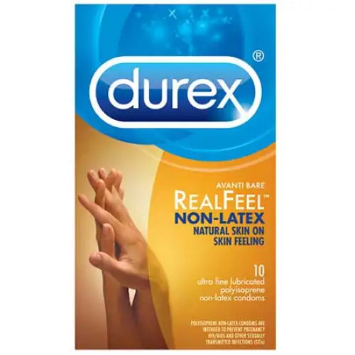 Box of Durex RealFeel Non-Latex Condoms offering a natural skin feel