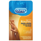 Package of Durex RealFeel non-latex condoms with intertwined hands, natural skin feel