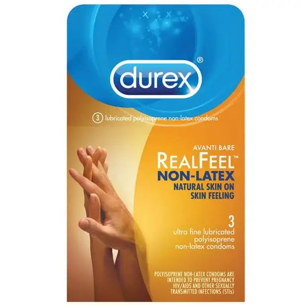 Package of Durex RealFeel non-latex condoms with intertwined hands, natural skin feel