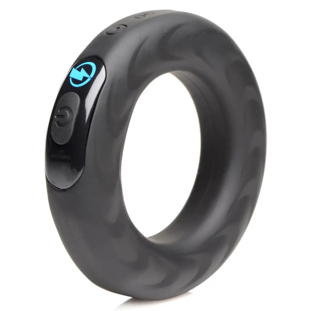 E-stim Pro Silicone Vibrating Cock Ring featuring a sleek black vibrating device