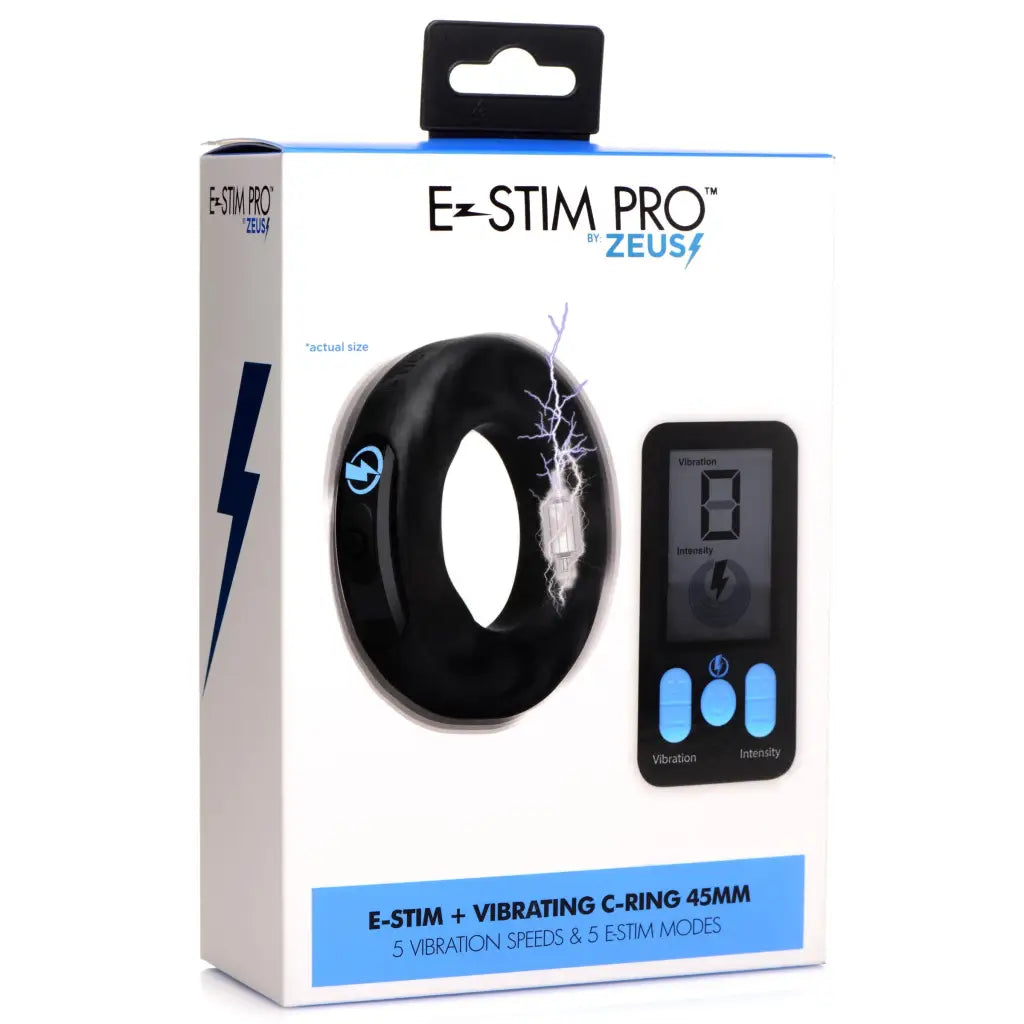 Close-up of E-stim Pro Silicone Vibrating Cock Ring in its box for enhanced pleasure