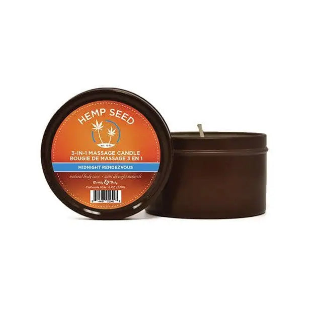 Earthly Body Summer 2022 3-in-1 massage candle in dark brown container with orange label