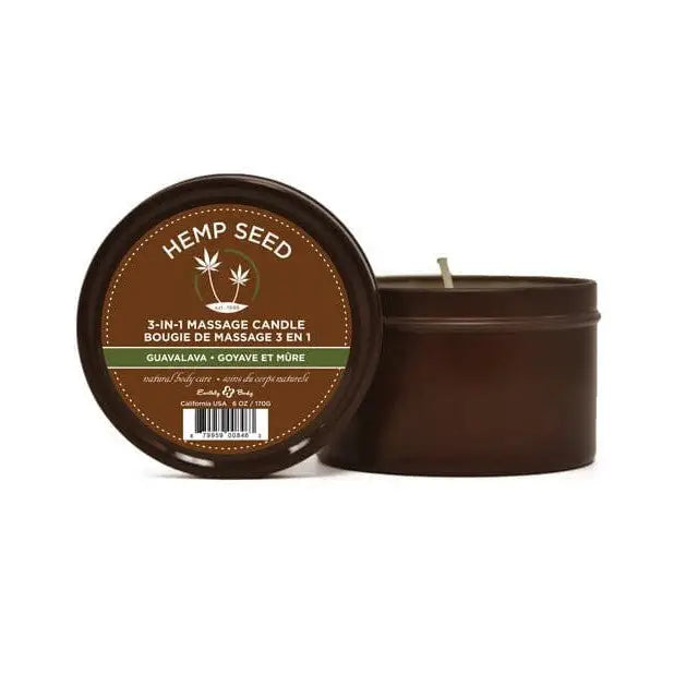 Earthly Body Suntouched Hemp Candle - 6 Oz, guavalava scent in a brown tin container