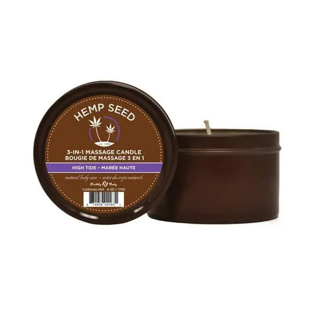 Earthly Body Suntouched Hemp Candle - 6 Oz in a brown tin container with labeled lid