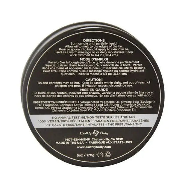 Circular label for Earthly Body Suntouched Hemp Candle with directions and ingredients listed