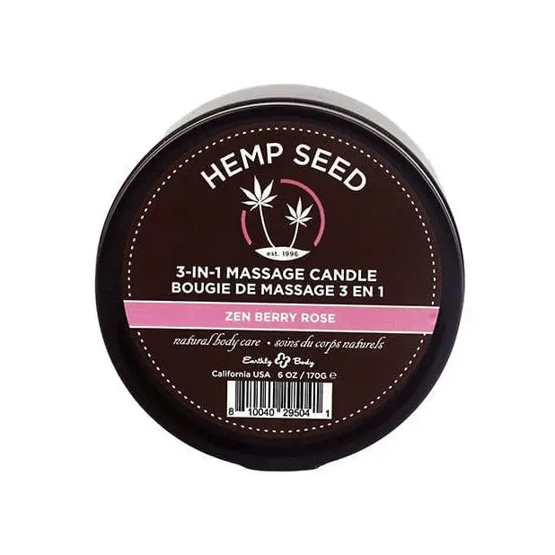 Earthly Body Suntouched Hemp Candle in a 6 oz round tin with dark label and hemp seed