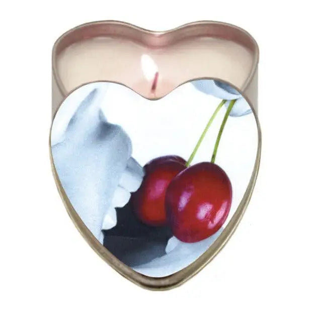 Heart-shaped Earthly Body Suntouched Hemp Edible Candle with cherry image on the lid