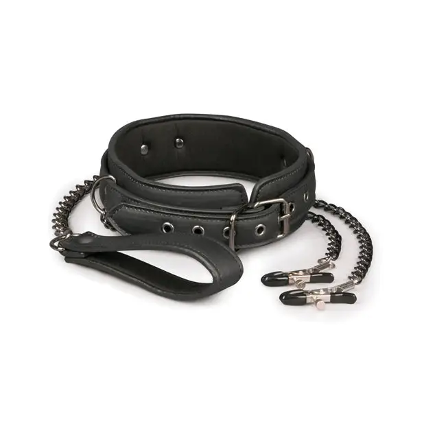 Easy Toys Faux Leather Collar W/nipple Chains - Black - Collar