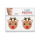 Edible body pasties shaped like reindeer faces with antlers and red noses- Cinnamon Reindeer