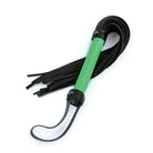 Electra Play Things Flogger with green handle and black leather tails for playful adventures