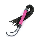 Pink-handled Electra Play Things flogger with black leather straps for playful adventures