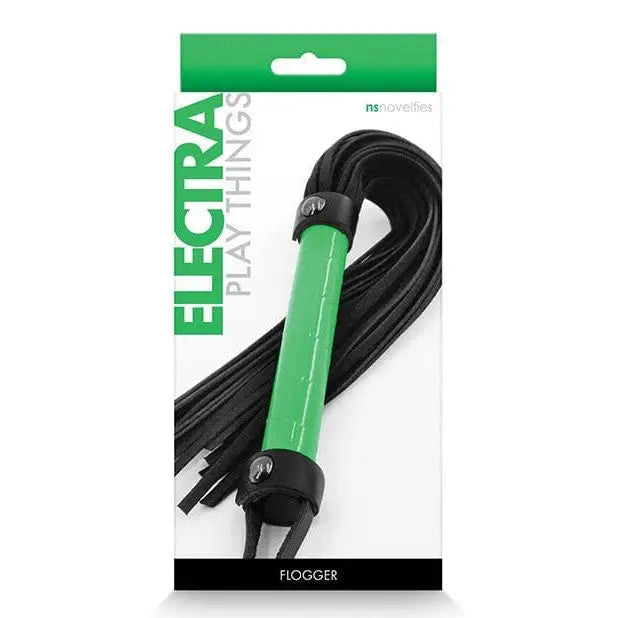 Electra Play Things Flogger with green handle and black leather straps in retail packaging