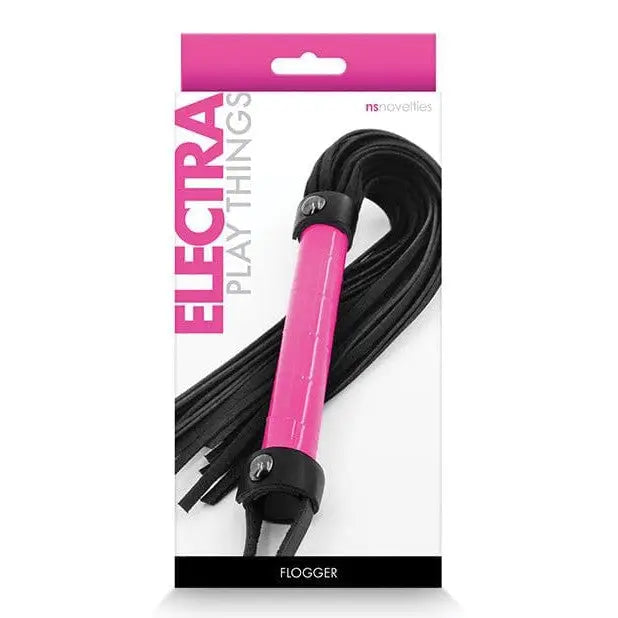 Electra Play Things Flogger - Pink-handled, black leather straps in retail packaging