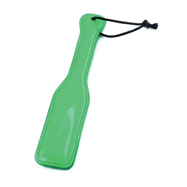 Green leather Electra Play Things paddle with black cord handle for stylish play sessions