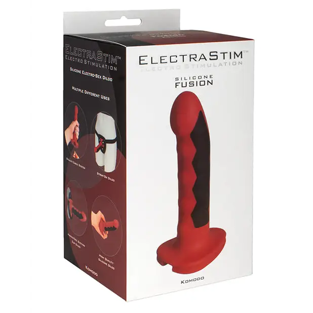 Electrastim Silicone Fusion Komodo Dildo: Red silicone pleasure device with electrical features