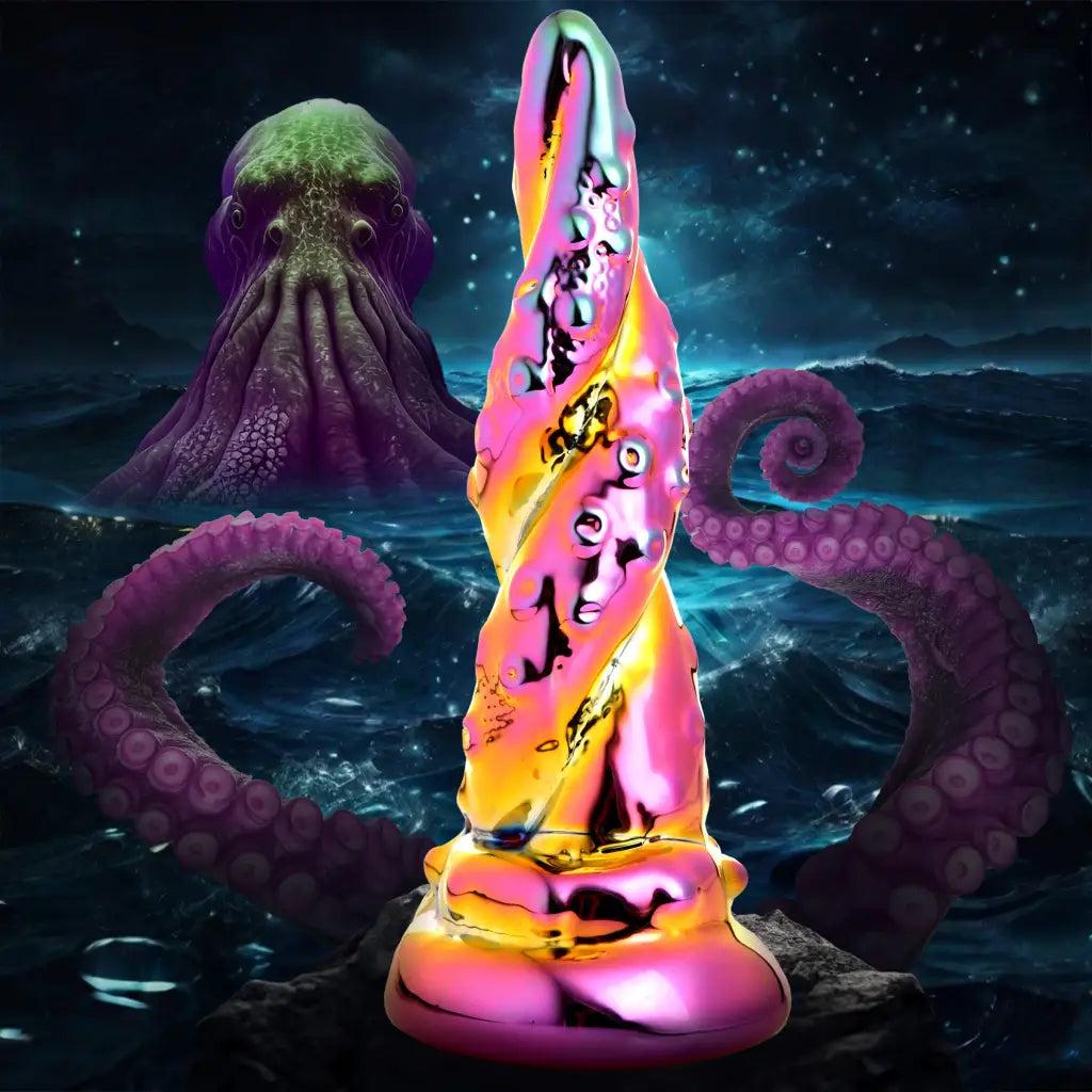 Colorful borosilicate glass dildo: Creature Cocks Enchantress Rainbow, twisted flame design