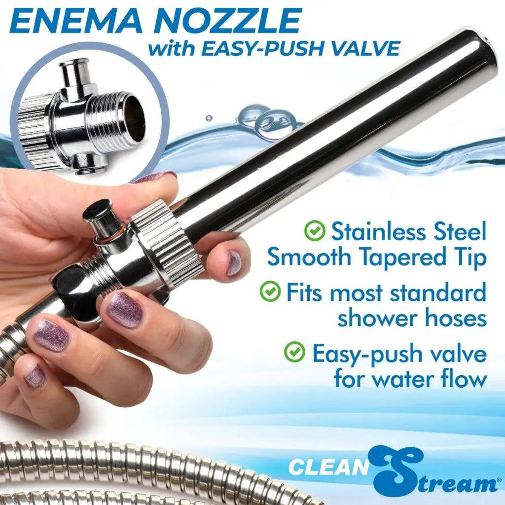 Stainless steel enema nozzle with easy-push valve and tapered tip for smooth insertion