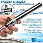 Stainless steel enema nozzle with easy-push valve and tapered tip for smooth insertion