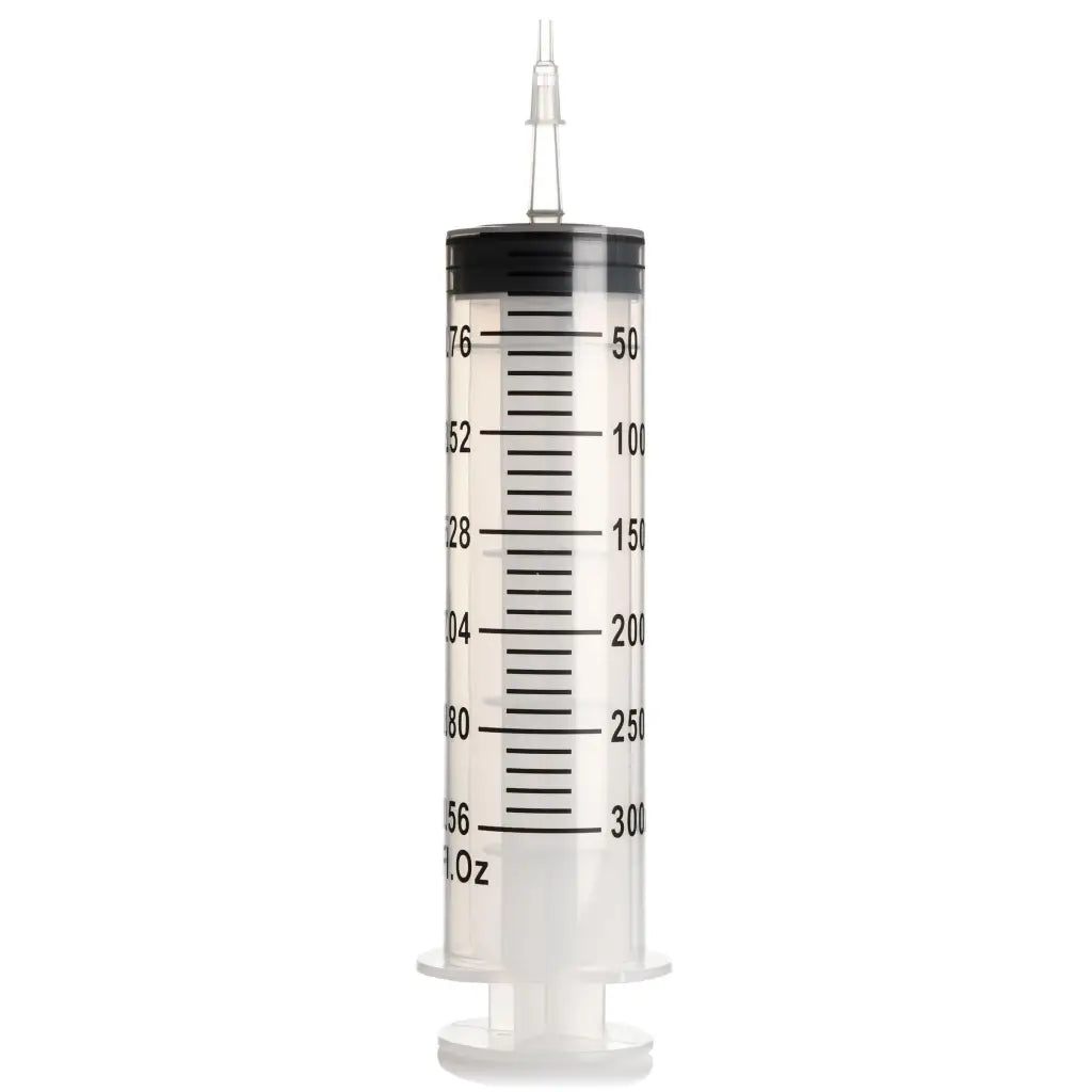 Enema syringe with silicone tube and tapered tip, measures up to 300 units