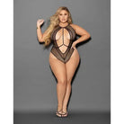 Curvaceous woman in Euphoria Large Fishnet & Mesh Teddy, wearing a revealing black bodysuit