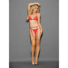 Woman in Euphoria Tri top bra, G-string & hose Blazing Coral posing in red lingerie