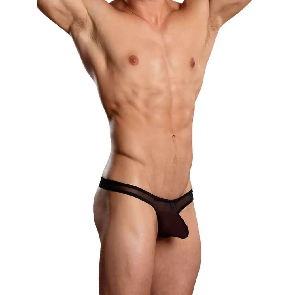 Muscular male torso wearing Euro Male Mesh Thong, sleek black underwear for men