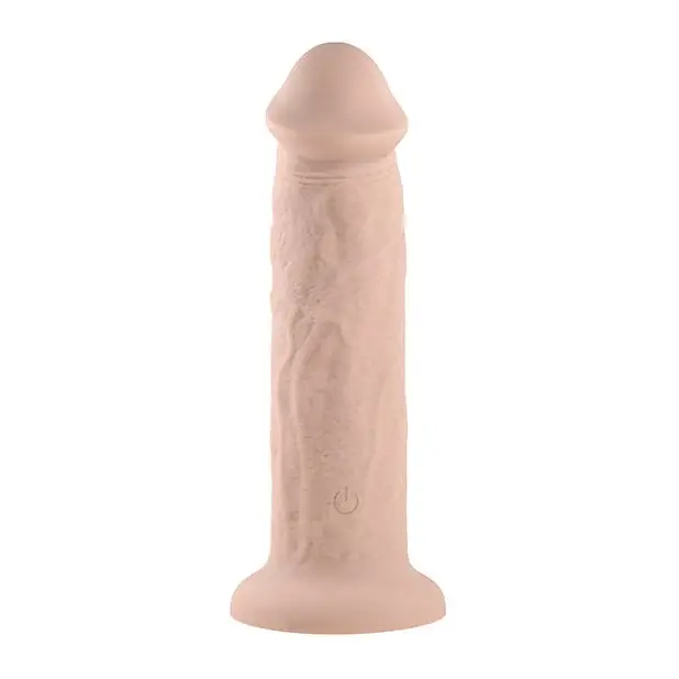 Evolved 7’ Girthy Vibrating Dong: Flesh-colored phallic silicone vibrating adult toy