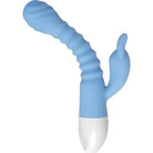 Evolved Bendy Bunny: Light blue silicone personal massager with a curved, textured surface