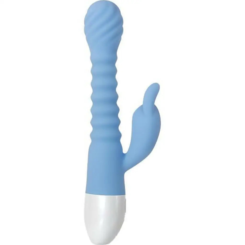 Evolved Bendy Bunny Flexible Vibrator: Light blue massager with textured shaft and curved tip